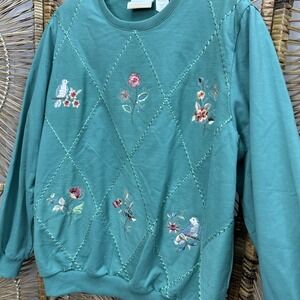 Vintage Alfred Dunner Embroidered Sweatshirt Birds Flowers Spring Crew Neck 1x